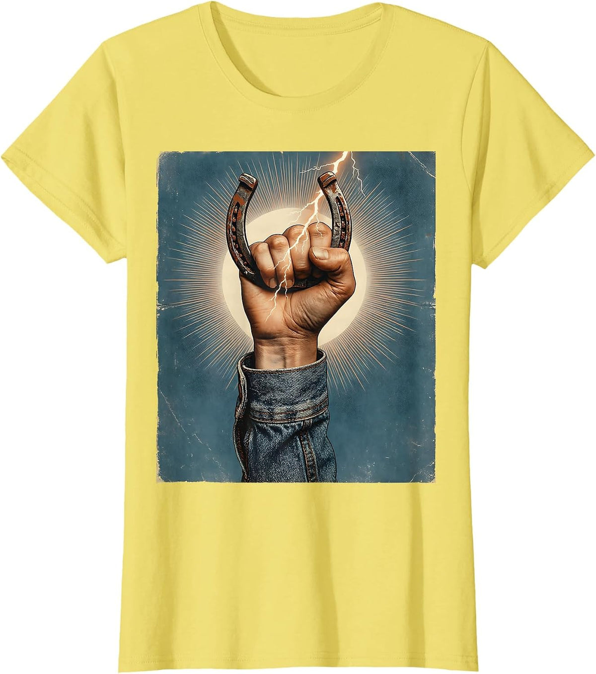 Women's Denim Cowgirl Horseshoe Lightning Bolt Graphic T-Shirt - Lemon Yellow