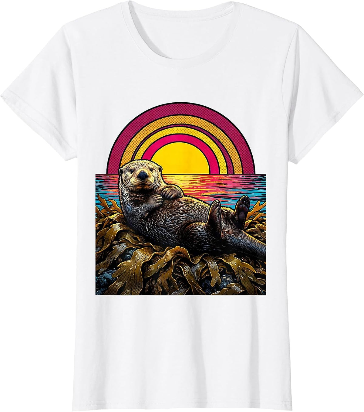 Women's California Sea Otter Floating on Kelp Sunset T-Shirt - White