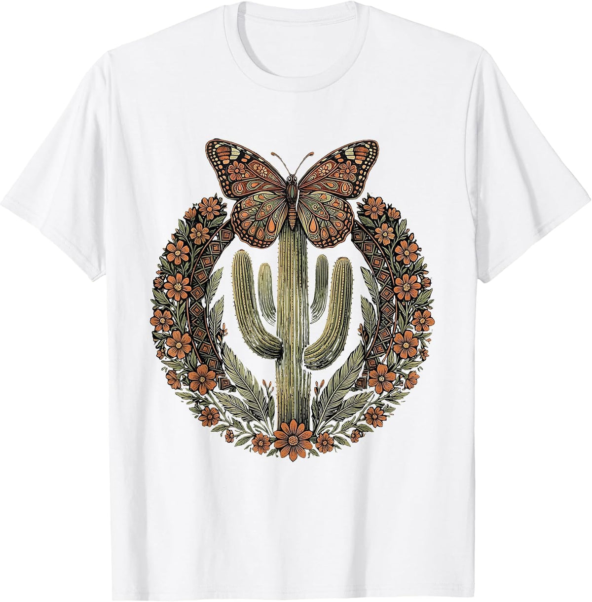 Men's Butterfly on Cactus Spine Western Desert Art T-Shirt - White