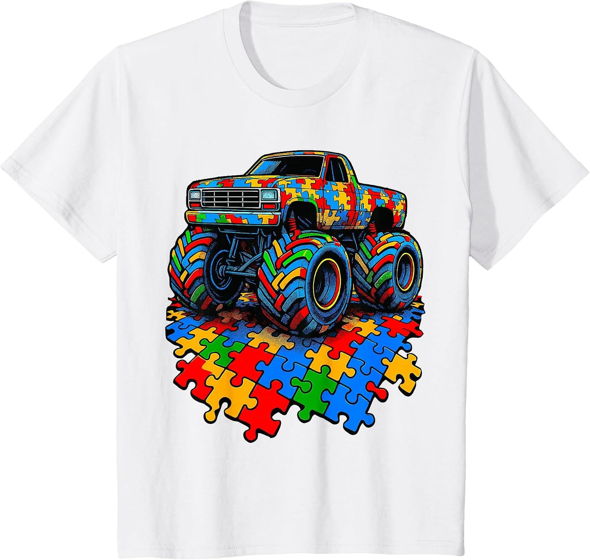 Autism Awareness Monster Truck Puzzle T-Shirt - White