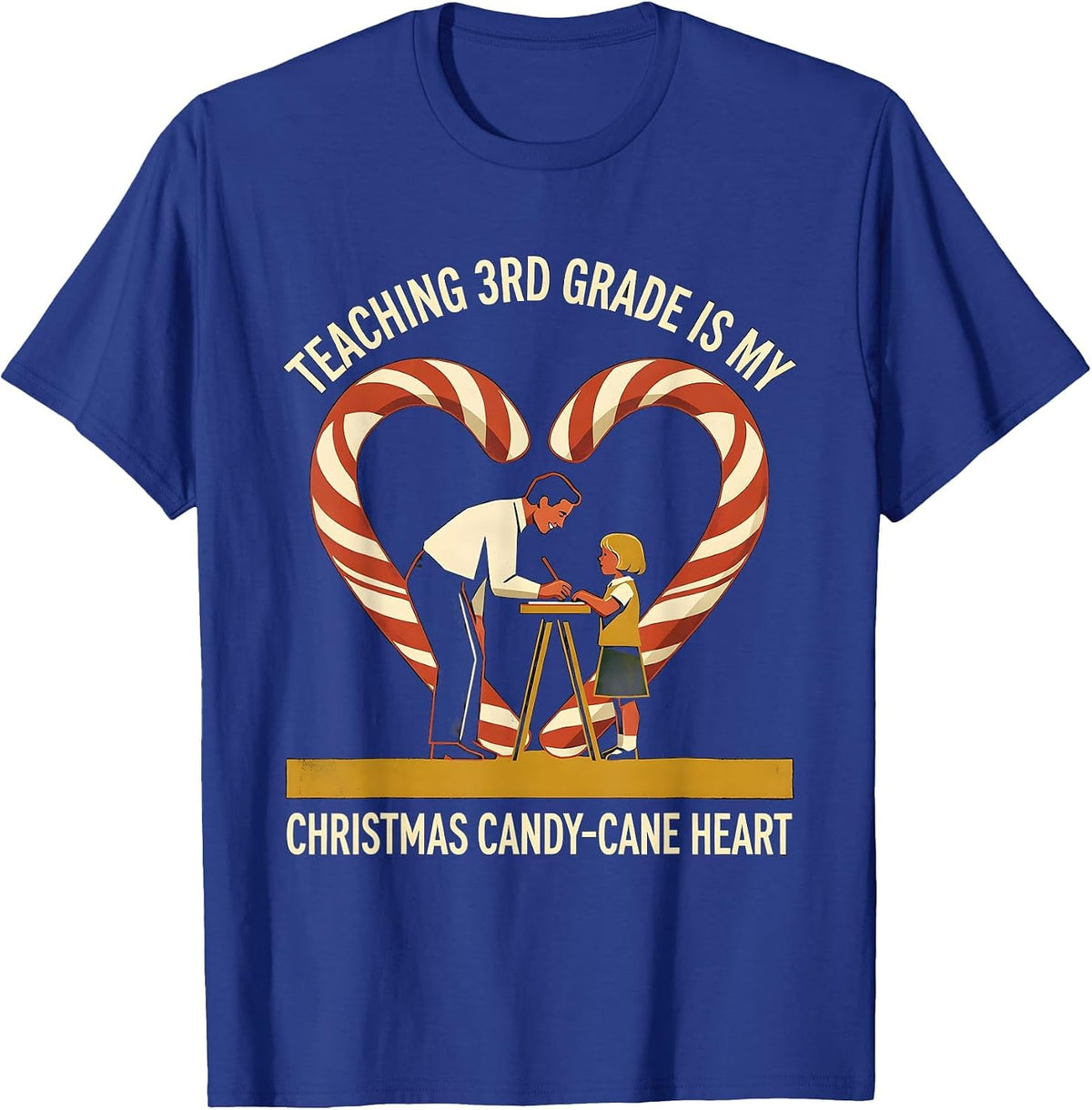 Men's Teaching 3rd Grade Is My Christmas Candy-Cane Heart Teacher T-Shirt - Royal Blue