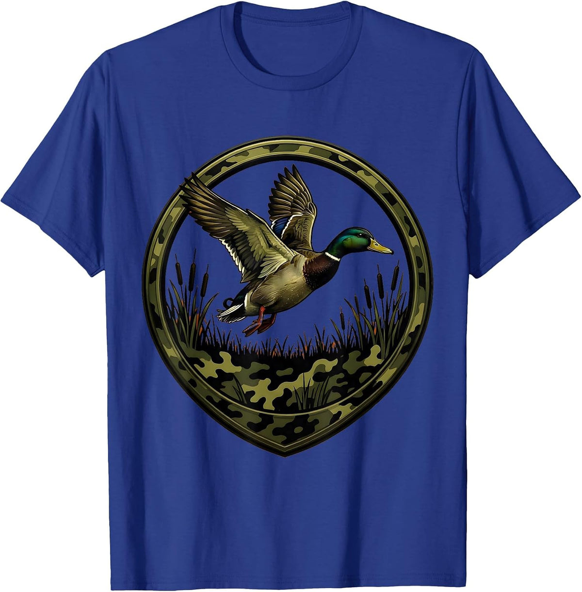 Duck Flying Over Camo Marsh Hunting Graphic T-Shirt - Royal Blue
