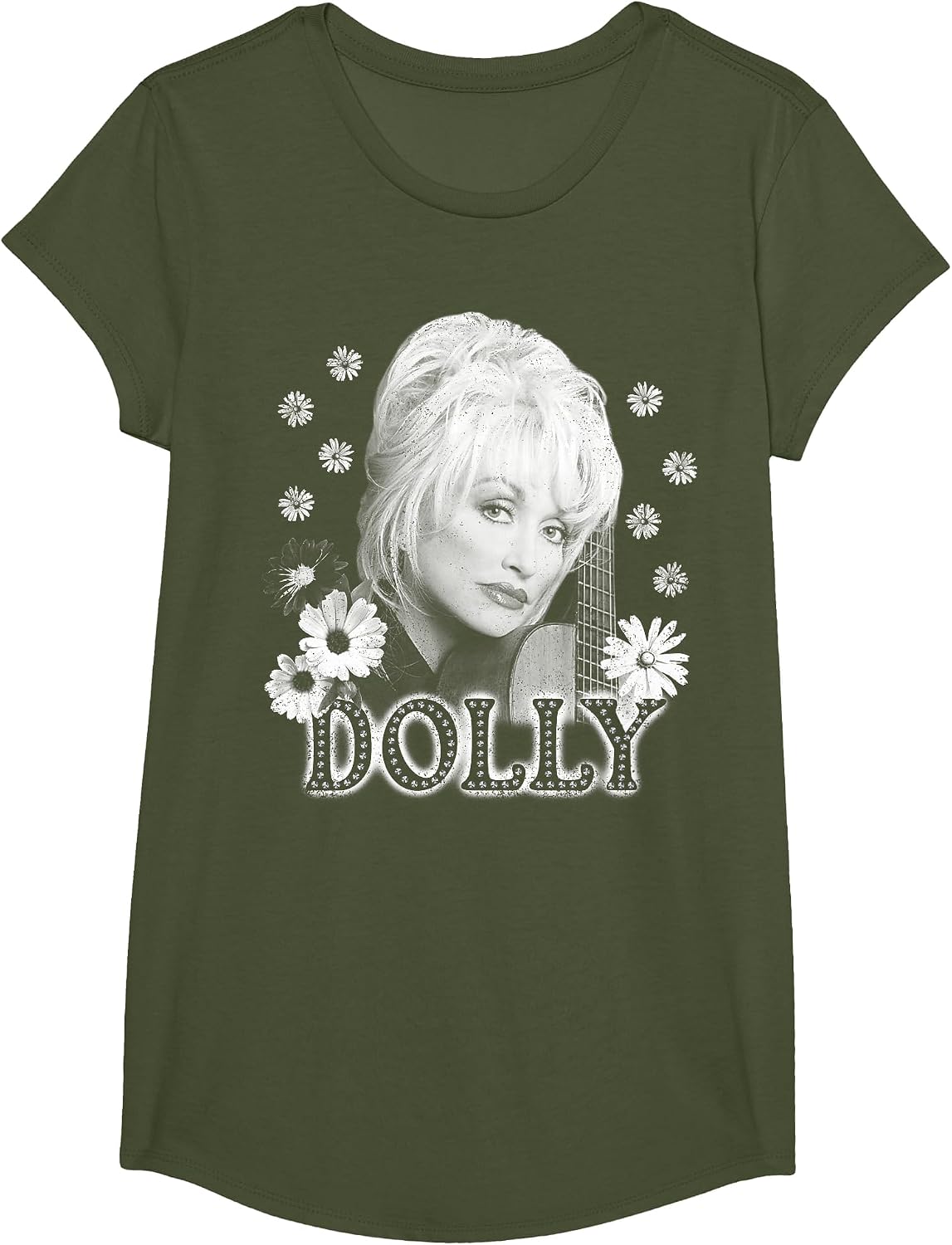 Dolly Parton Dolly Guitar & Flowers Black & White Portrait T-Shirt - Girls Olive Green