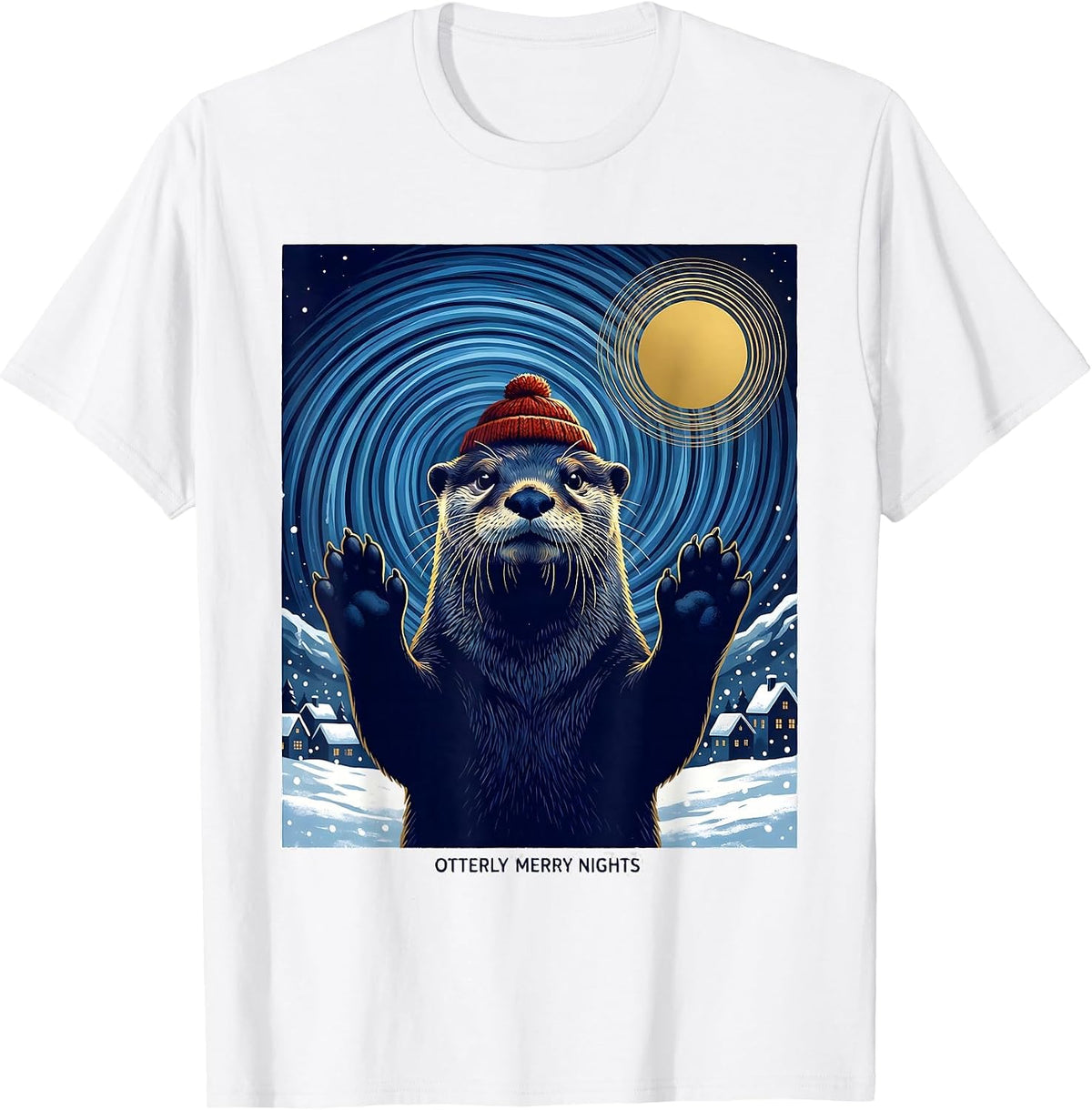 Men's Otterly Merry Nights Whimsical Animal Lover Van Gogh Parody T-Shirt - White