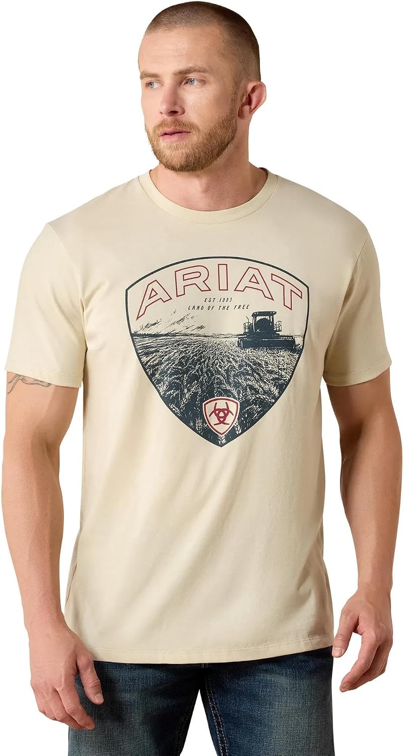 ARIAT Men's Land of the Free Farm Shield Classic Fit T-Shirt - Natural