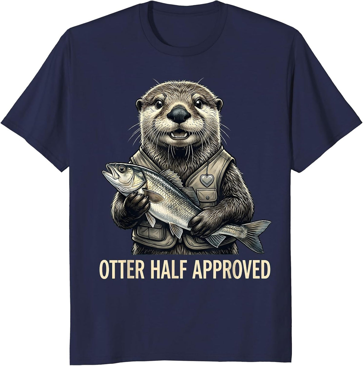 Otter Half Approved Fishing Vest Design T-Shirt - Navy Blue