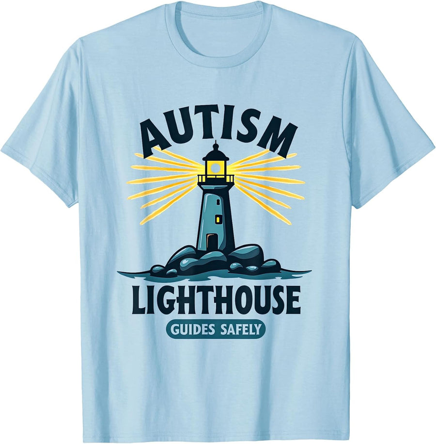 Autism Lighthouse Guides Safely Awareness Design T-Shirt - Baby Blue