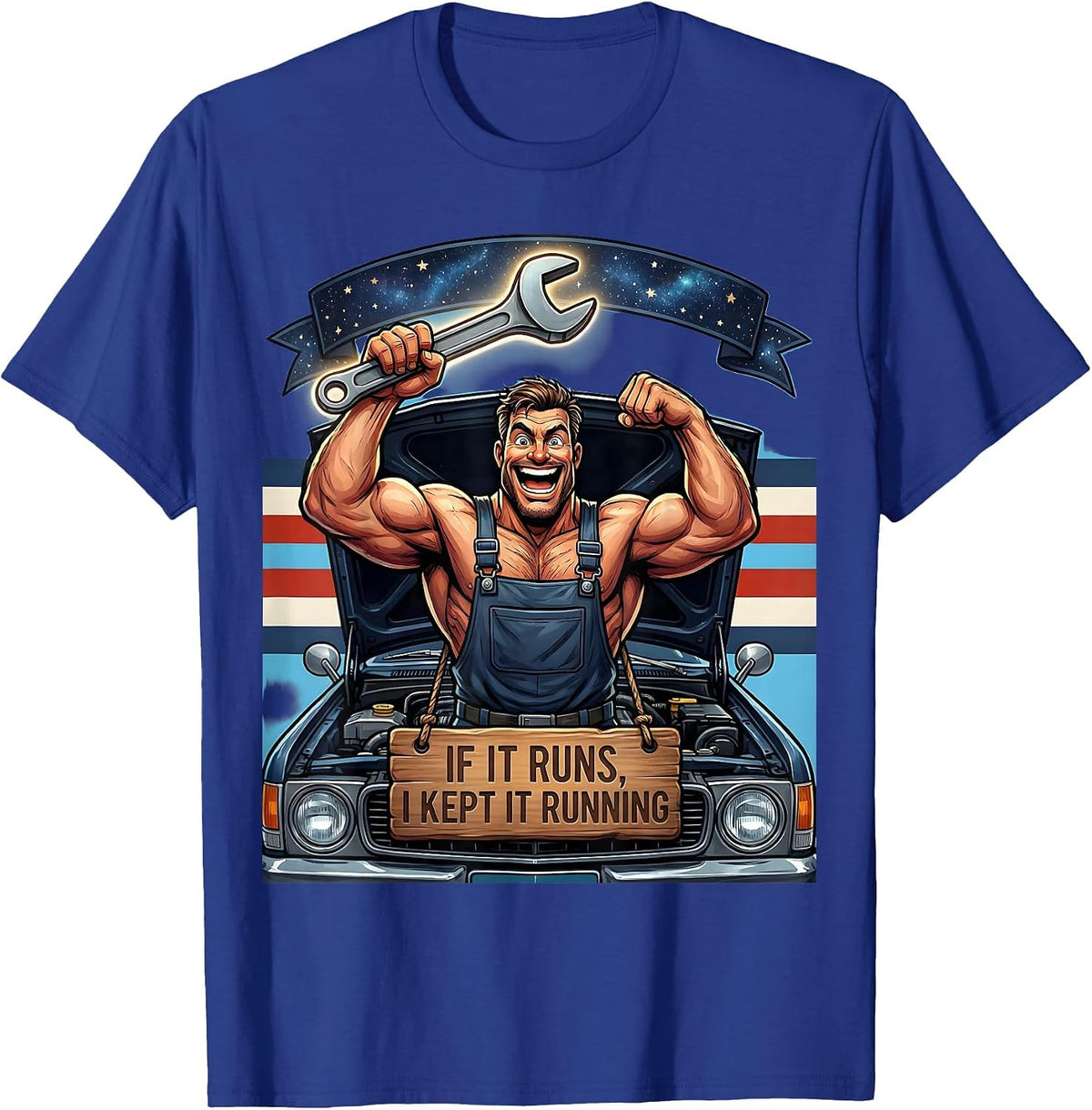If It Runs, I Kept It Running Cartoon Diesel Mechanic T-Shirt - Royal Blue