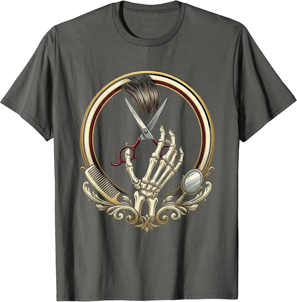 Men's Salon Skeleton Barber Emblem Halloween Hairstylist T-Shirt - Asphalt Grey