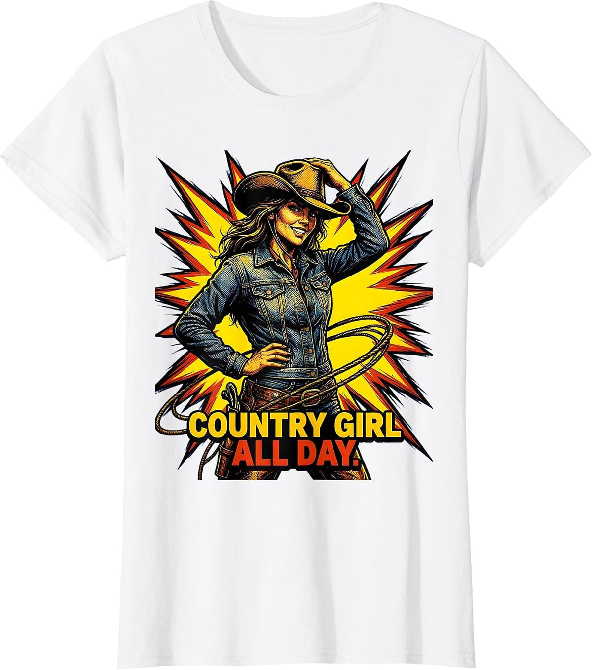 Country Girl All Day Cowgirl Design T-Shirt - White