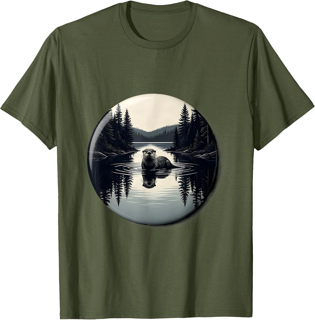 Otter Inlet Mirror Reflection Forest Wildlife Nature T-Shirt - Olive Green