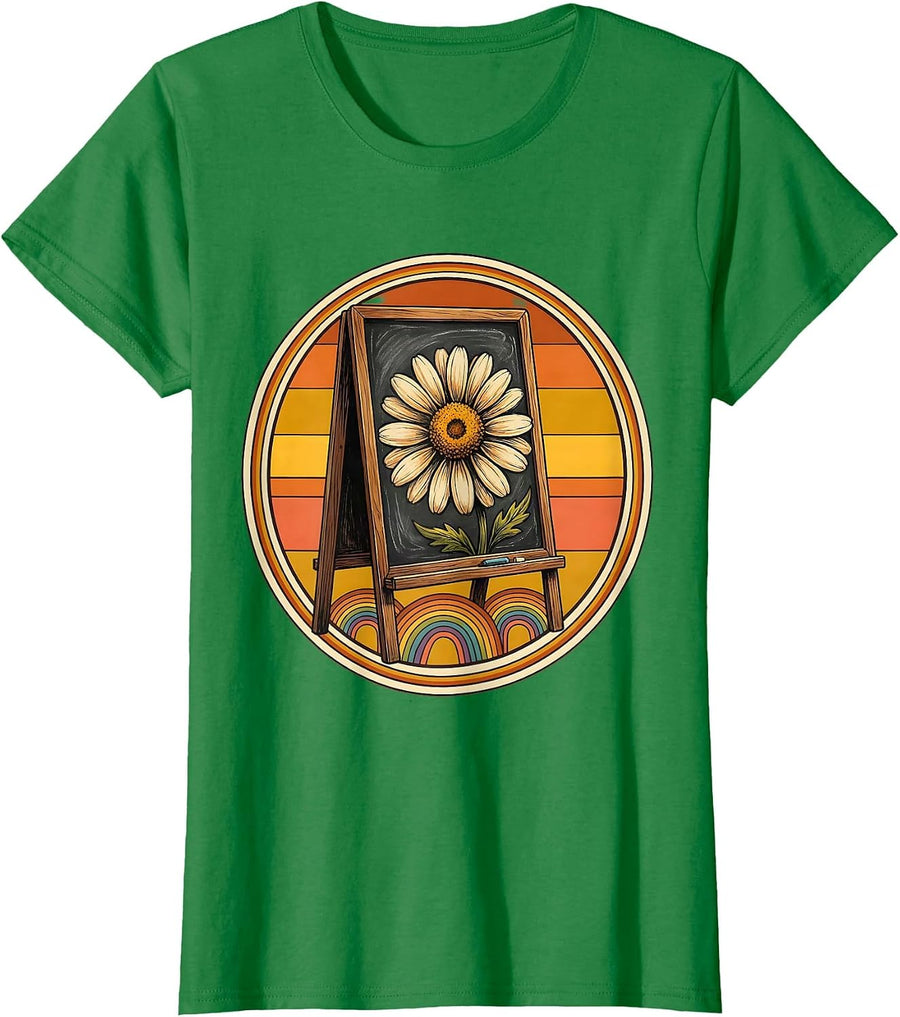 Women's Elementary Teacher Chalkboard Floral Art Design T-Shirt - Kelly Green