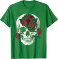 Men's Skull and Roses Rock and Roll Graphic Design T-Shirt - Kelly Green