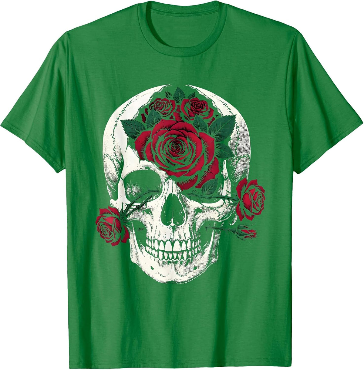 Men's Skull and Roses Rock and Roll Graphic Design T-Shirt - Kelly Green