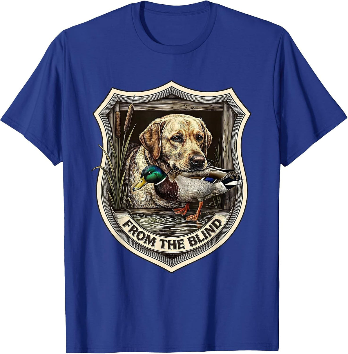 Men's From The Blind Crosshatch Etching Hunting Dog Waterfowl T-Shirt - Royal Blue