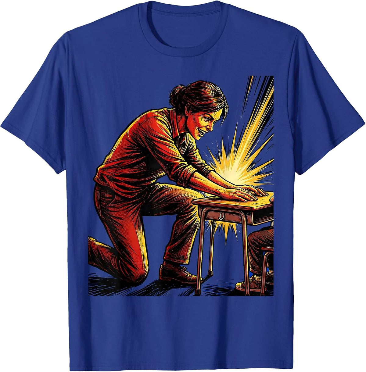 Men's SPED Teacher Kneeling at Student Desk Illustration T-Shirt - Royal Blue