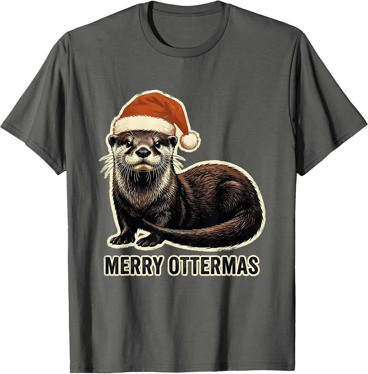 Merry Ottermas Rubber Stamp Funny Animal Christmas Otter T-Shirt - Asphalt Grey