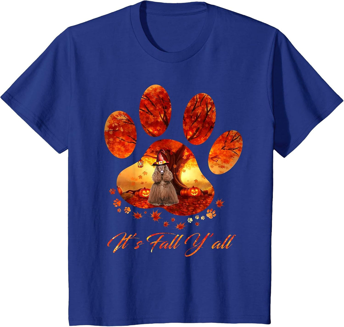 American Cocker Spaniel It's Fall Y'all Dog Paw Halloween T-Shirt - Royal Blue