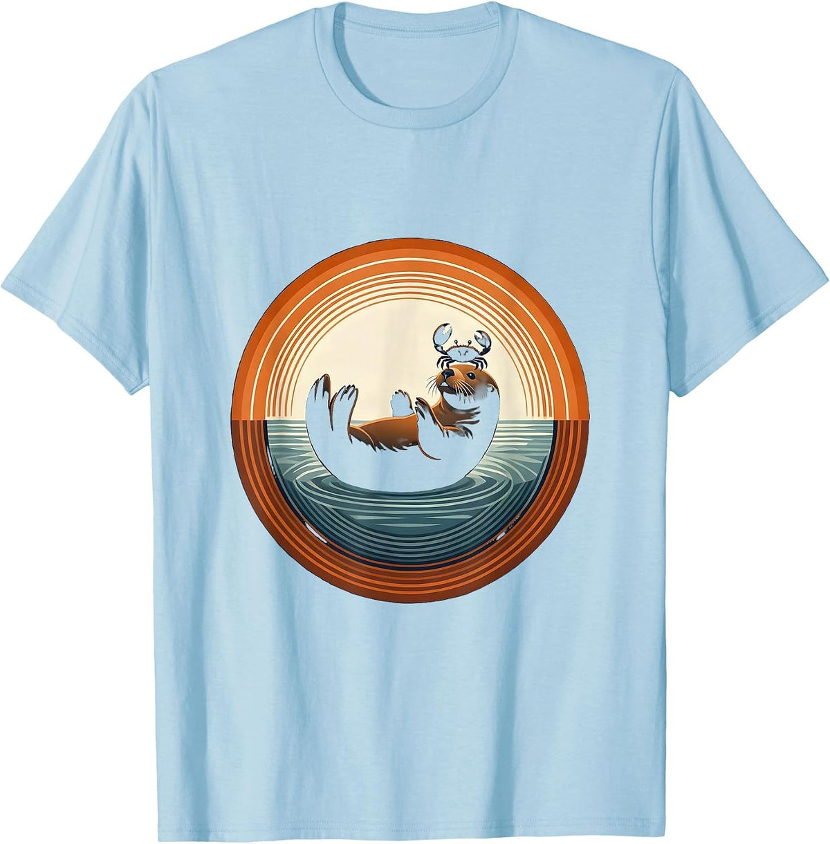 Men's Sea Otter Balancing Crab on Nose Illustration T-Shirt - Baby Blue