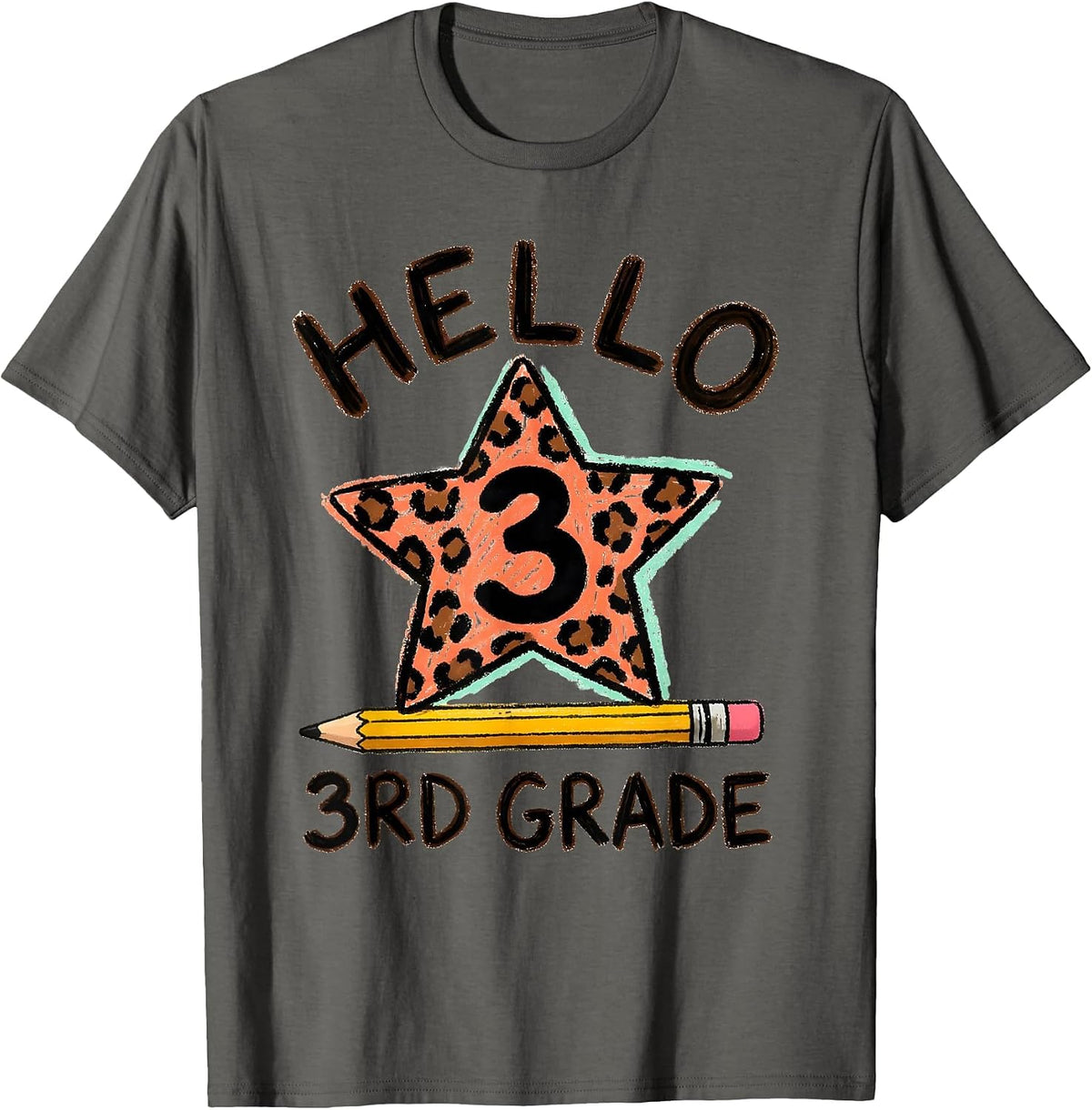 Hello 3rd Grade Kids Girl Teacher Back To School Leopard T-Shirt - Asphalt Grey