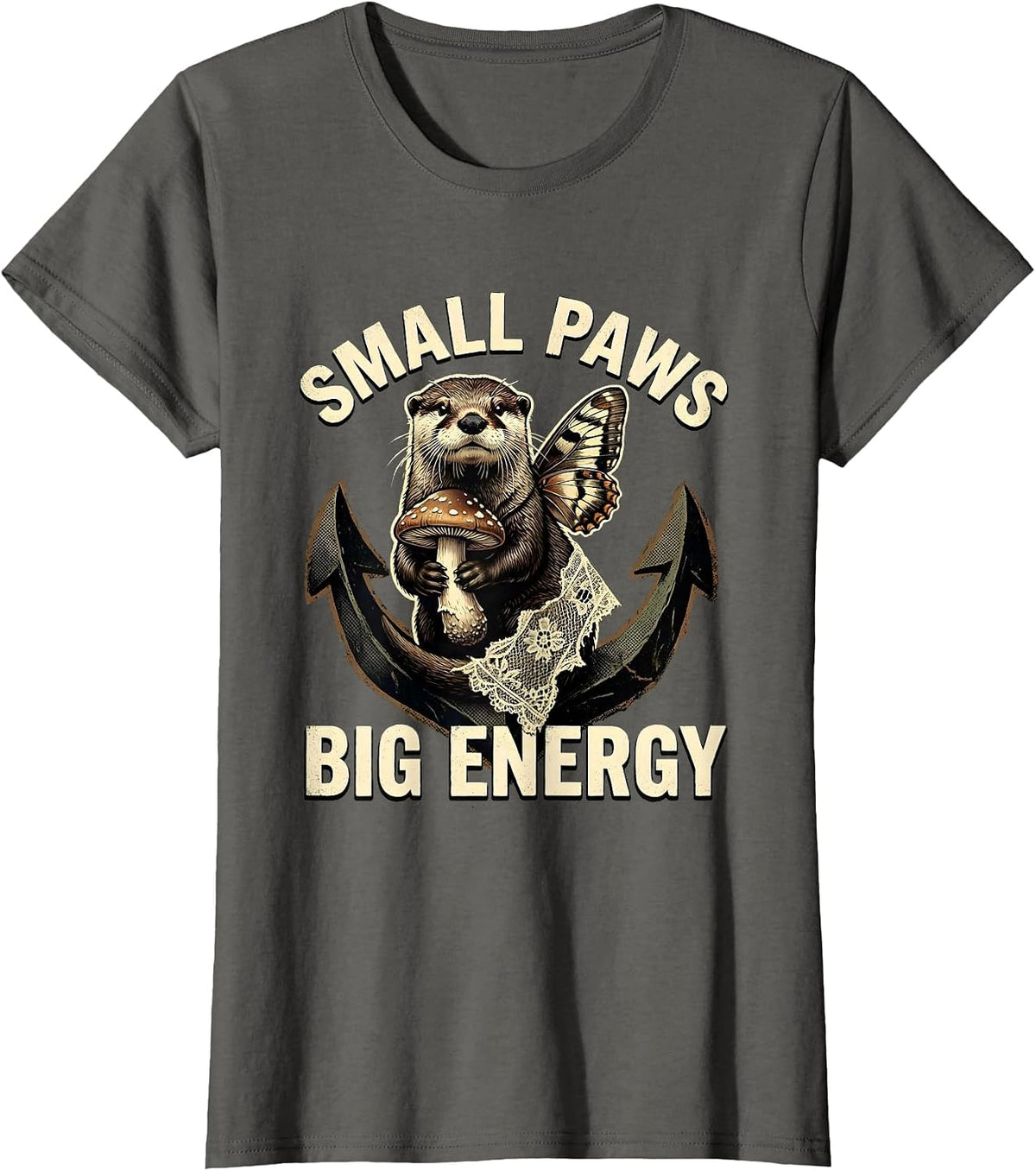 Women's Small Paws Big Energy Otter Design T-Shirt - Asphalt Grey