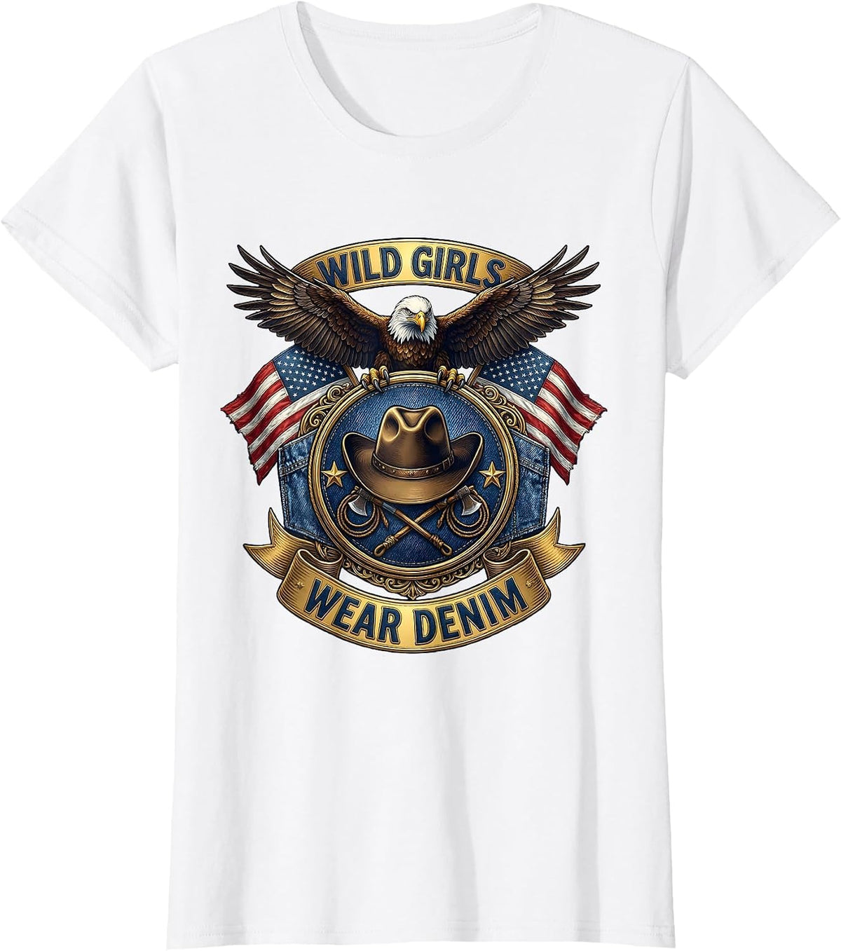 Women's Wild Girls Wear Denim Cowgirl Design T-Shirt - White