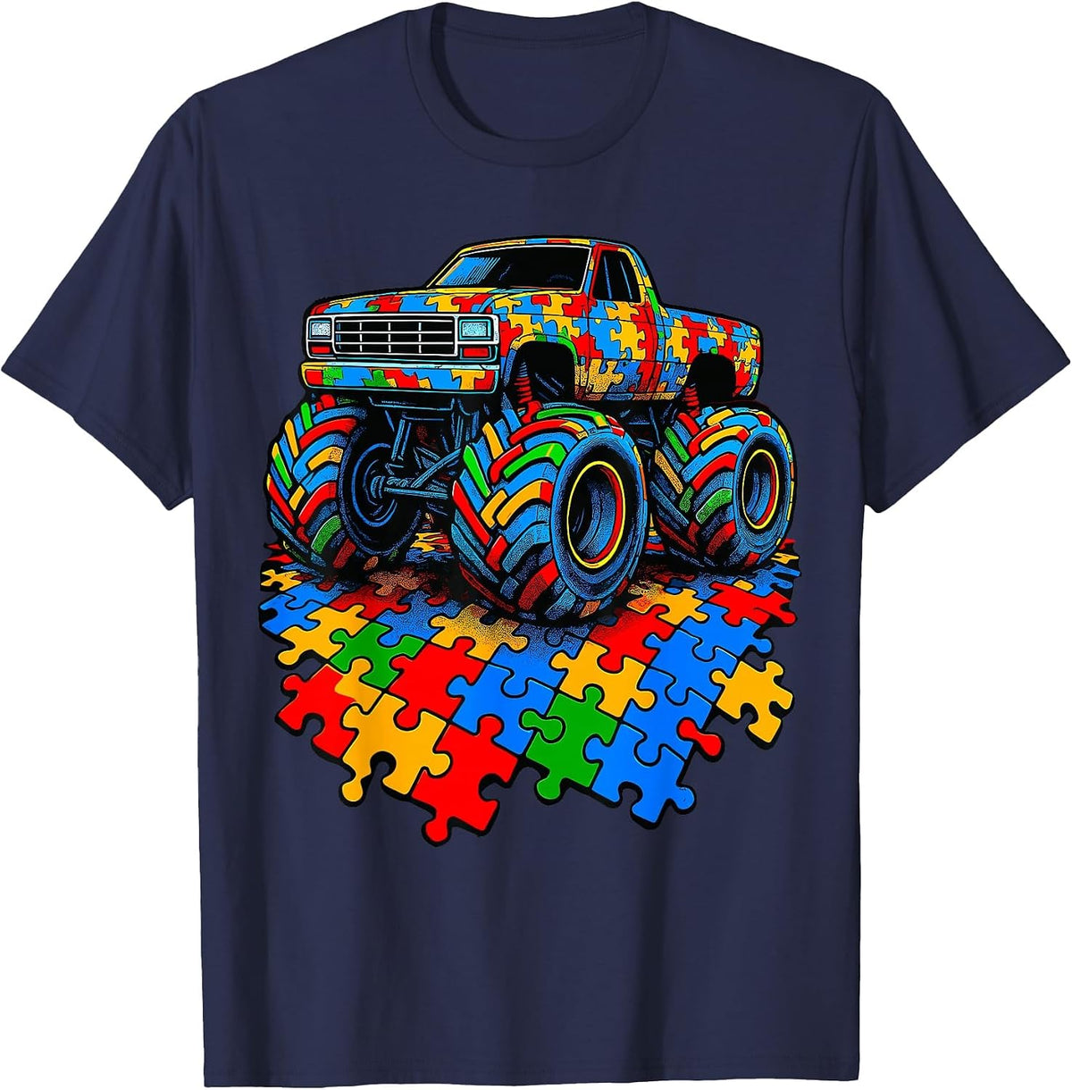 Autism Awareness Monster Truck Puzzle T-Shirt - Navy Blue