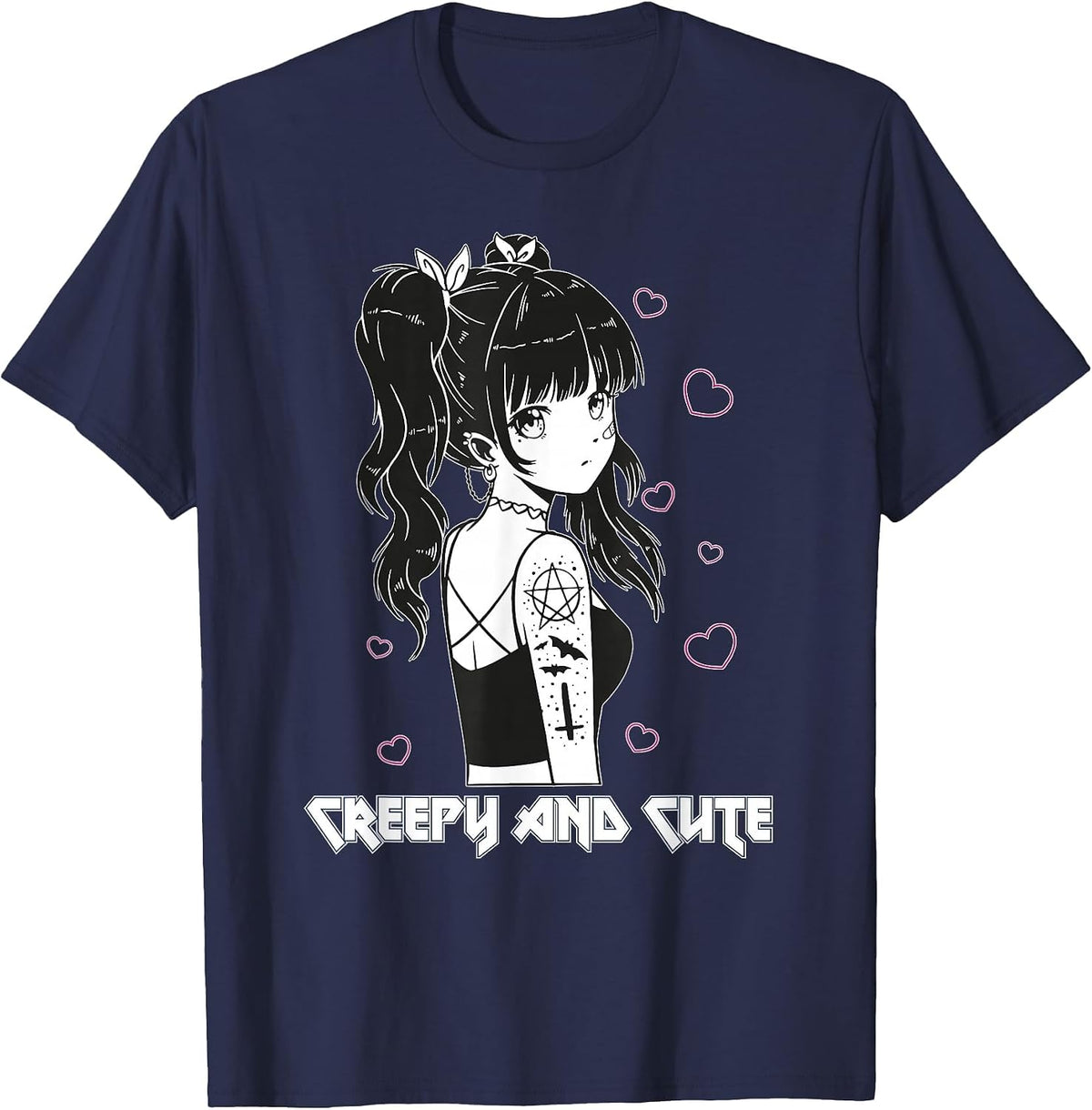 Creepy and Cute Emo Goth Girl Japanese Anime T-Shirt - Navy Blue