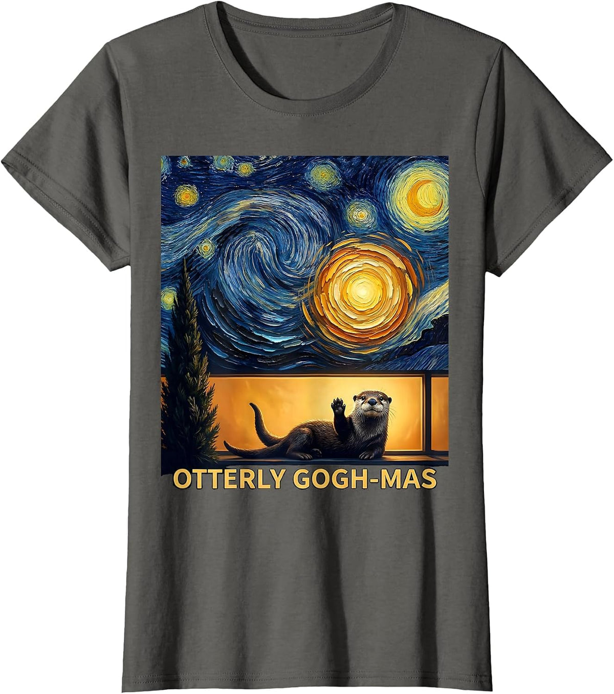 Women's Otterly Gogh-mas Whimsical Van Gogh Art Lover Pet Owner Gift T-Shirt - Asphalt Grey
