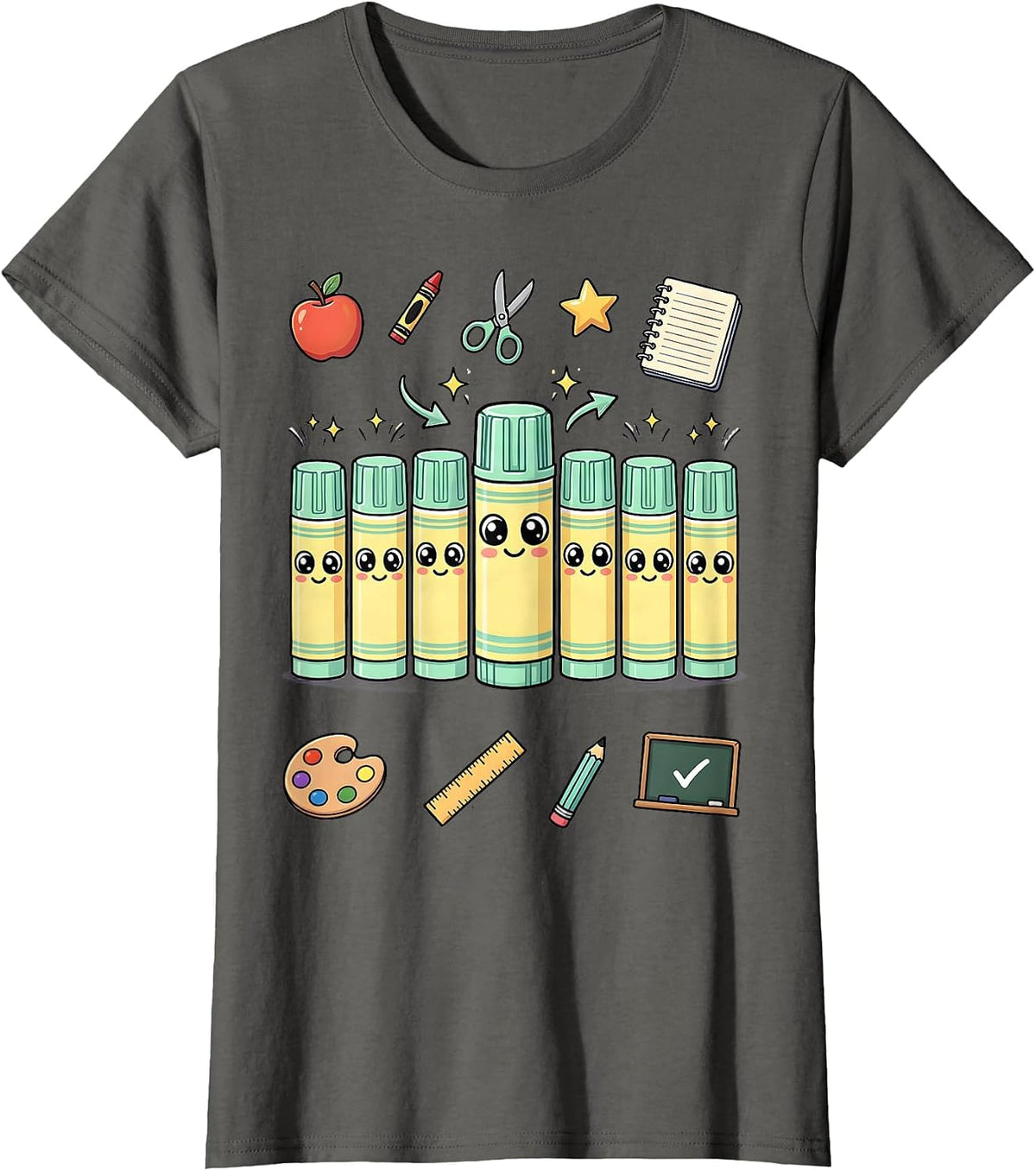 Women's Third Grade Teacher Glue Stick Squad Graphic T-Shirt - Asphalt Grey