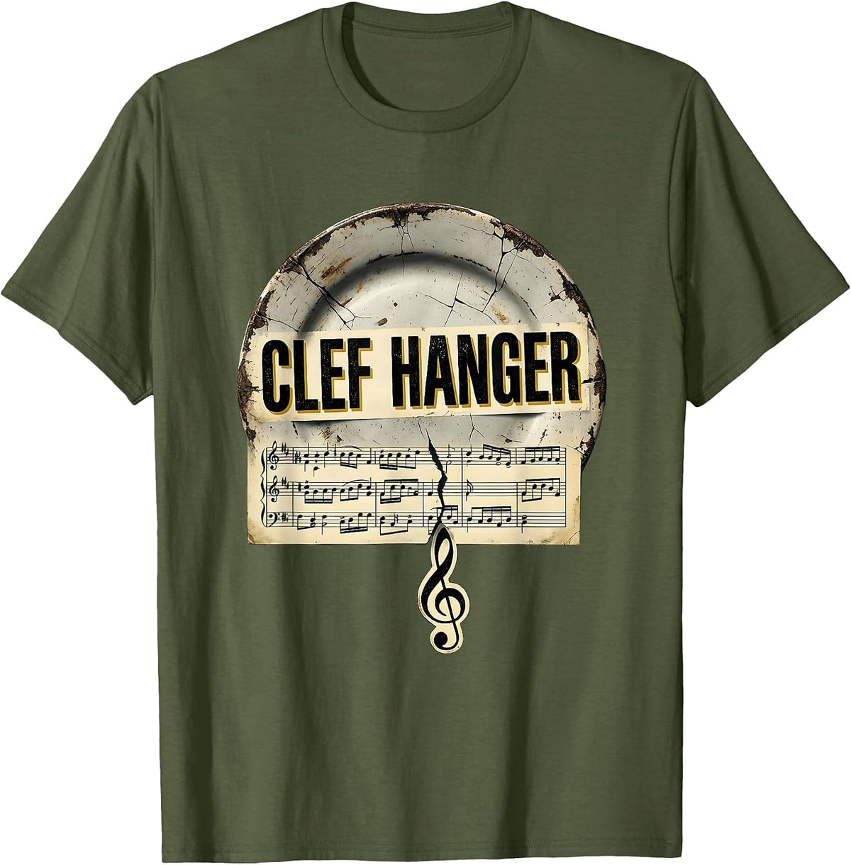 Clef Hanger Distressed Funny Music Lover Musician Gift T-Shirt - Olive Green