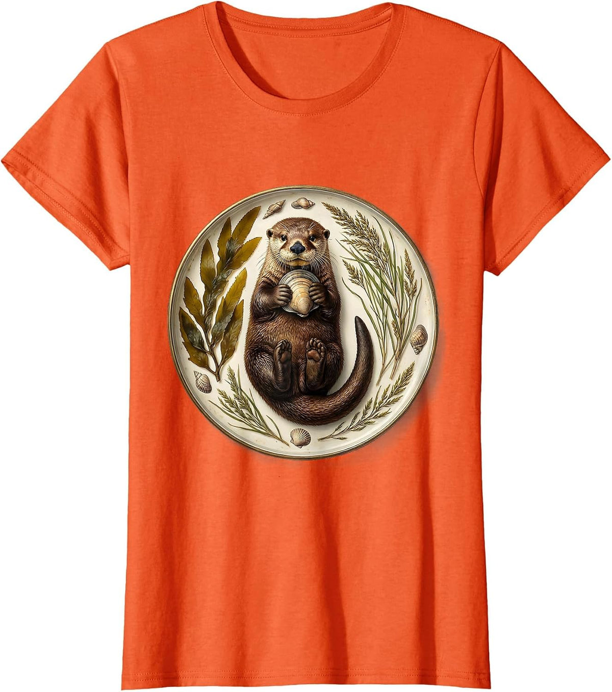 Otter Cracking Clam at Sunset Graphic T-Shirt - Orange