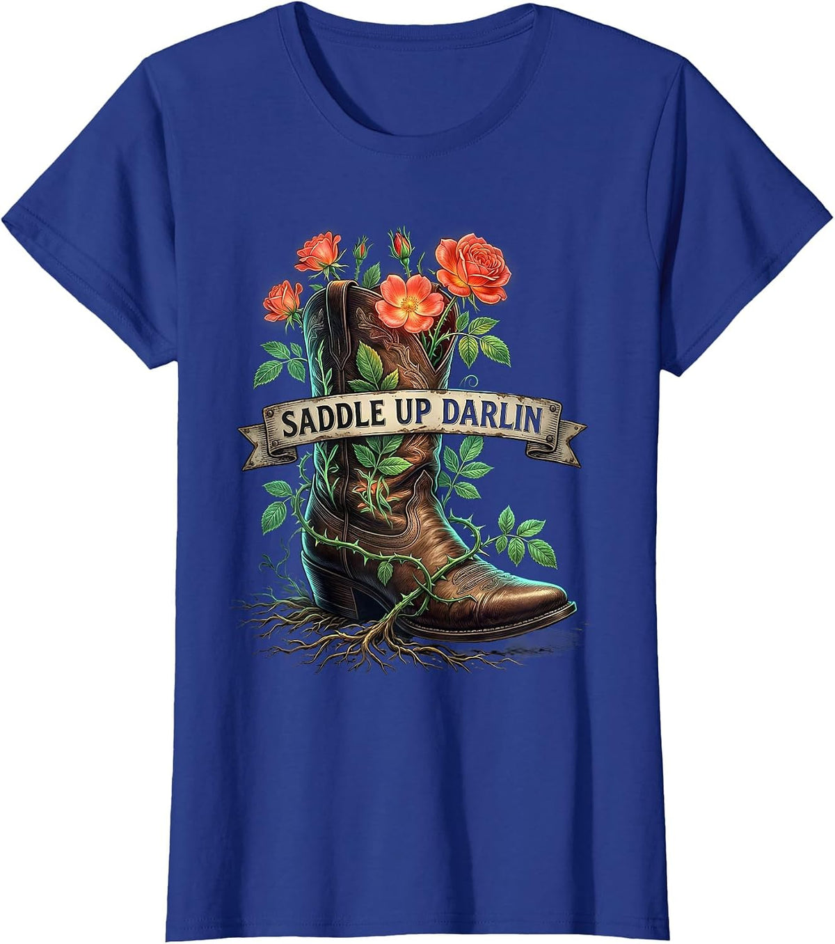 Women's Saddle Up Darlin Cowboy Western Graphic Design T-Shirt - Royal Blue