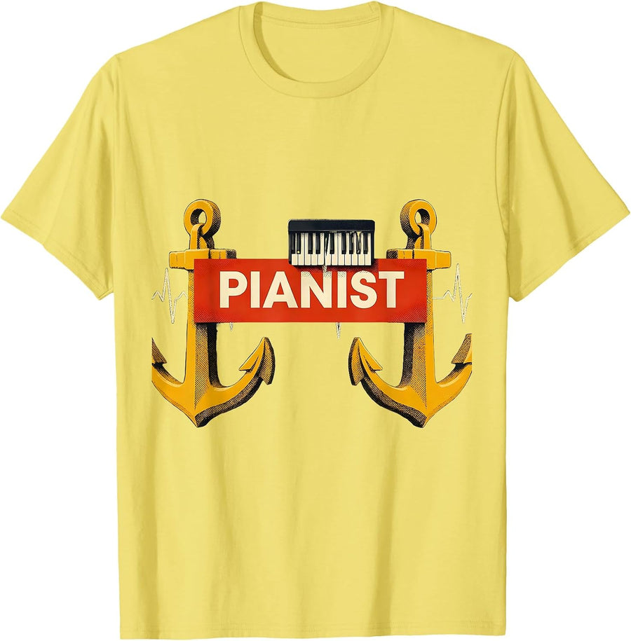Men's Pianist Heartbeat EKG Line Occupation Humor T-Shirt - Lemon Yellow