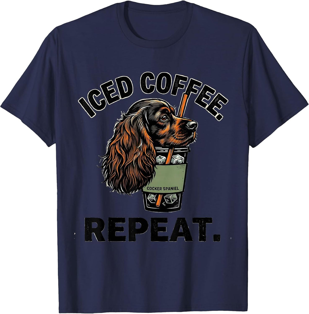 Men's Iced Coffee Cocker Spaniel Repeat Funny Dog Lover Linocut T-Shirt - Navy Blue