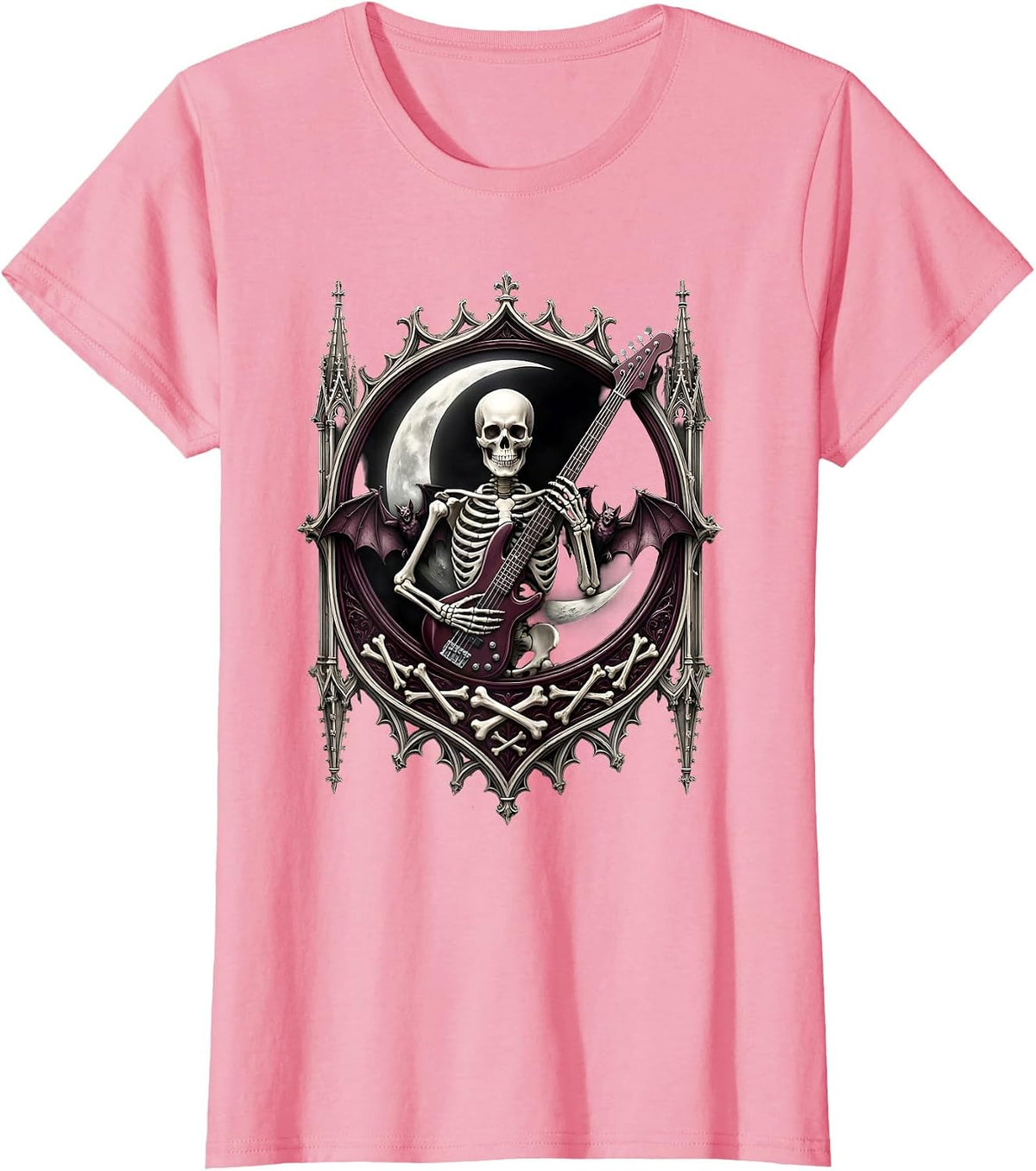 Women's Skeleton Bassist Crescent Moon 80s Rock Graphic T-Shirt - Pink