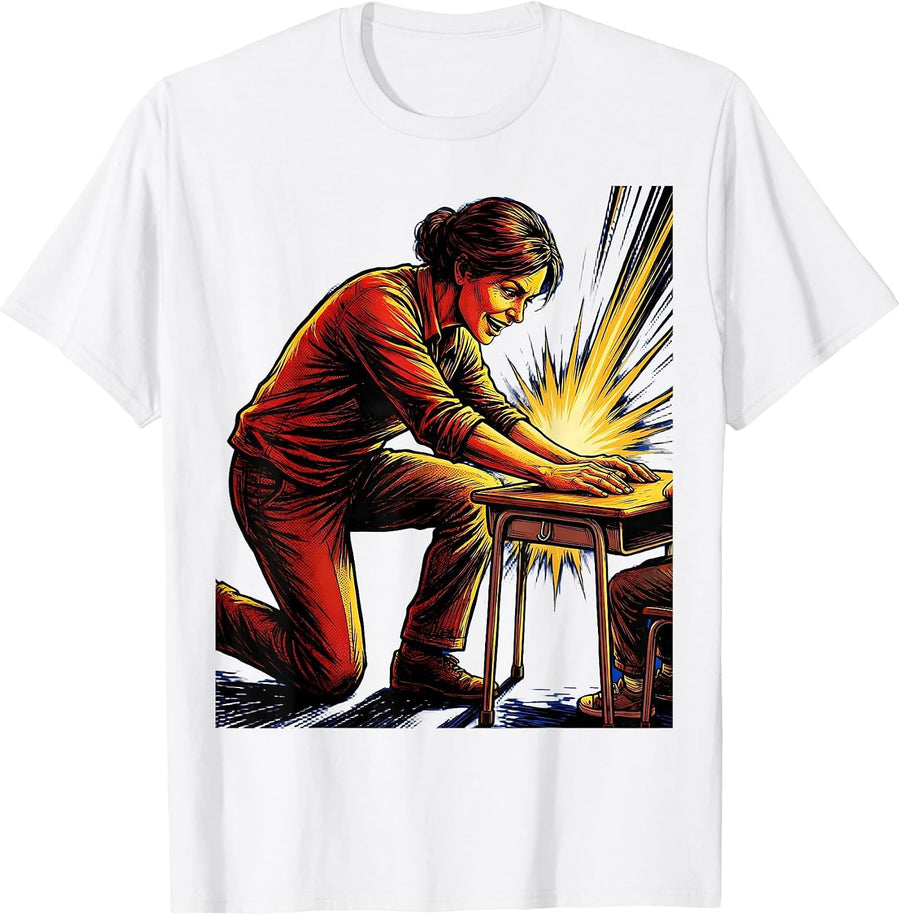 Men's SPED Teacher Kneeling at Student Desk Illustration T-Shirt - White