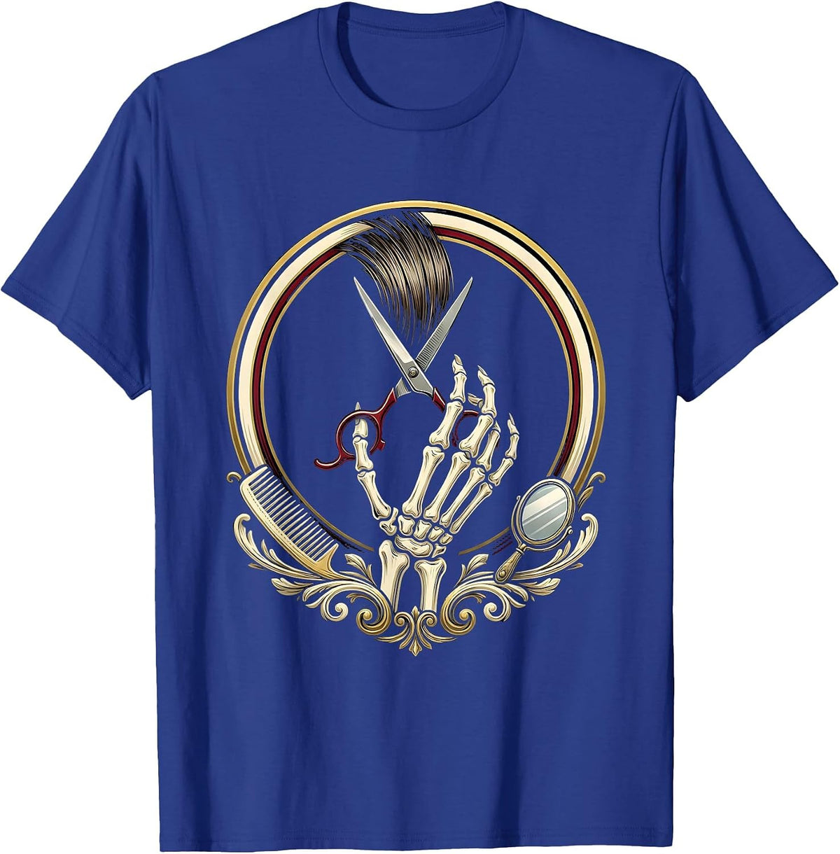 Men's Salon Skeleton Barber Emblem Halloween Hairstylist T-Shirt - Royal Blue