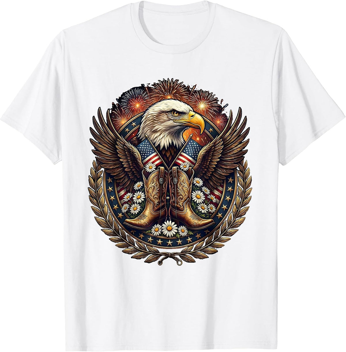 Men's Cowgirl Boots Spurs and Daisies Western Floral Art T-Shirt - White