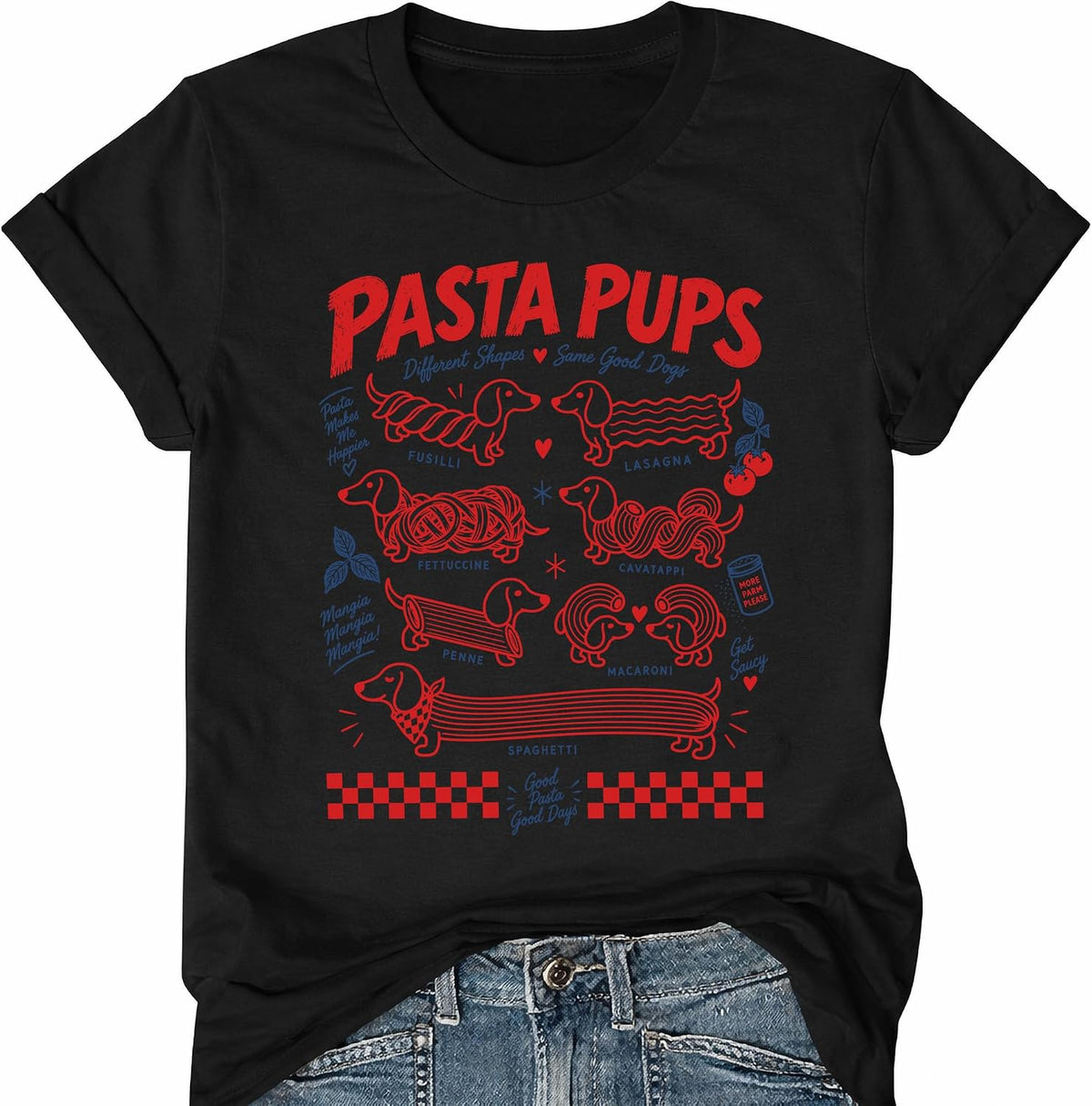 Pasta Pups Shirt Italian Cuisine Dachshund Food Graphic T-Shirts - Black Crewneck