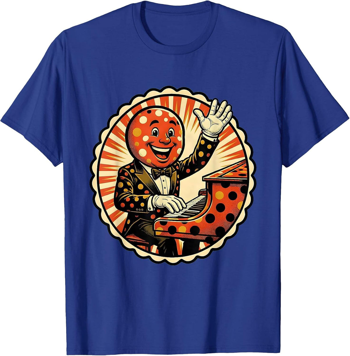Polka Dot Tuxedo Pianist Graphic Design T-Shirt - Royal Blue