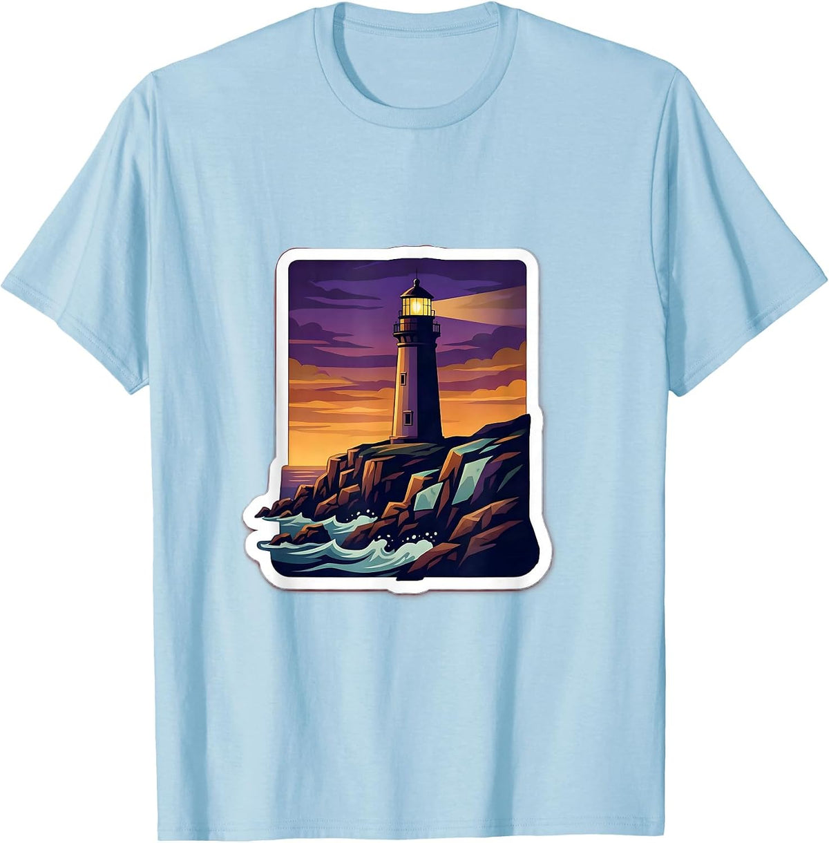 Men's Autism Awareness Lighthouse Rocky Cliff Dusk Design T-Shirt - Baby Blue