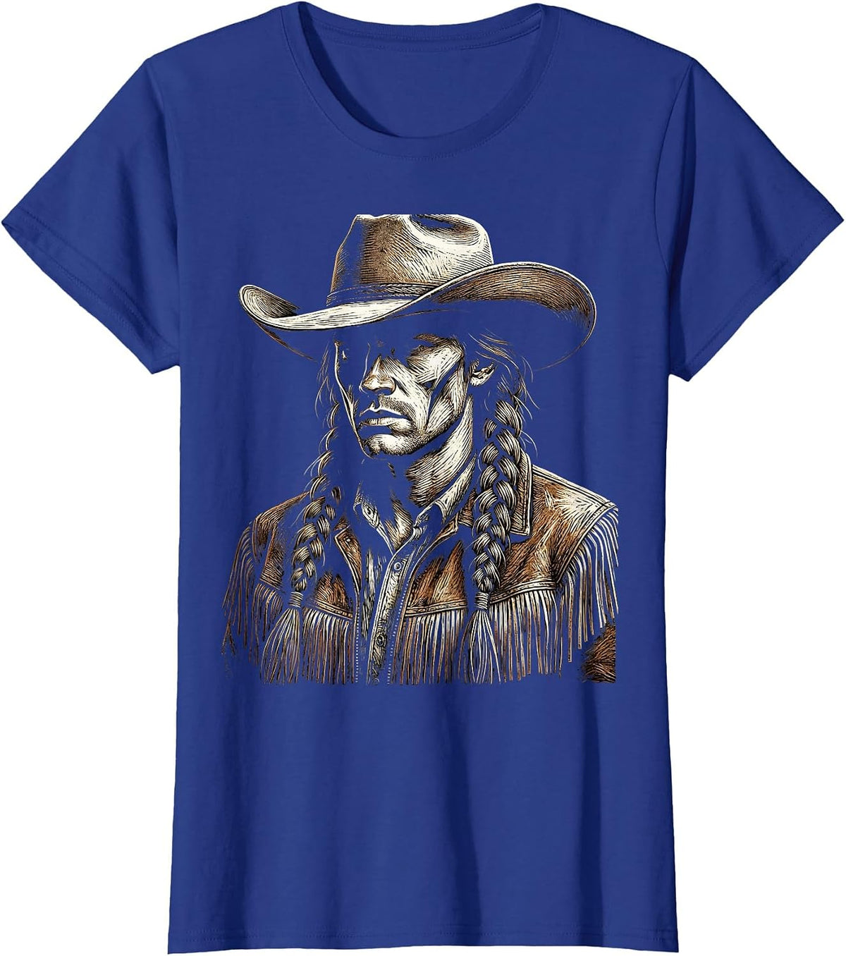 Women's White Cowgirl Braided Hair Fringe Jacket Illustration T-Shirt - Royal Blue