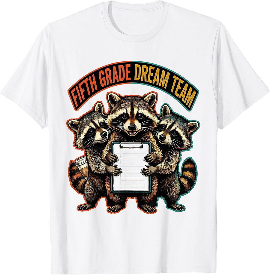 Men's Fifth Grade Dream Team Retro Advertising Mascot Raccoon T-Shirt - White