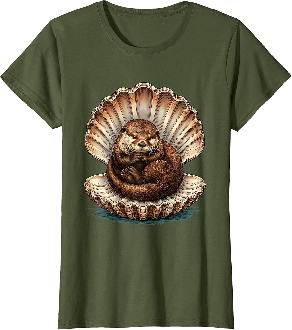 Women's Otter Curled in Giant Clamshell Illustration T-Shirt - Olive Green
