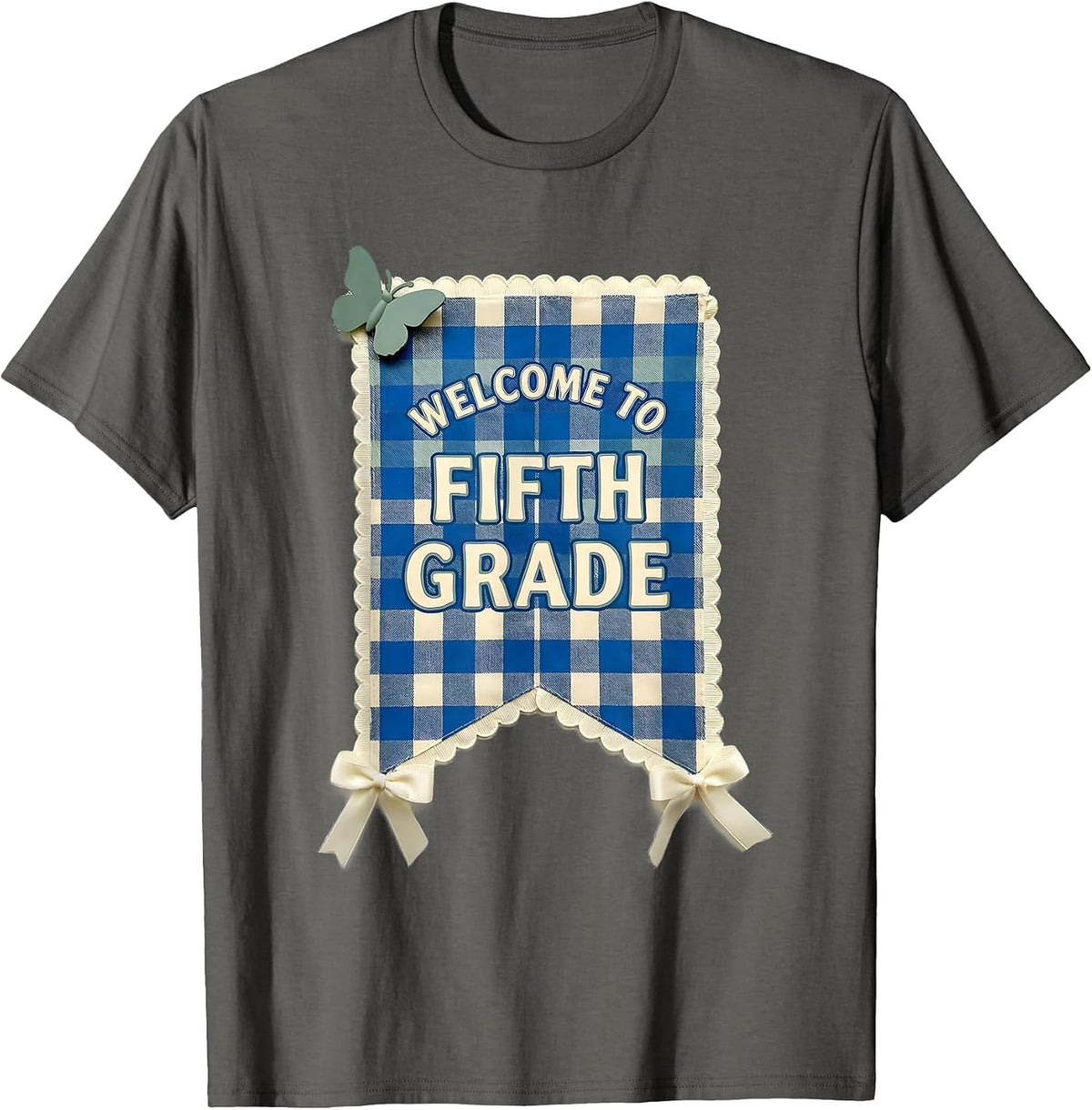 Men's Welcome to Fifth Grade Gingham Picnic Cute Back to School T-Shirt - Asphalt Grey