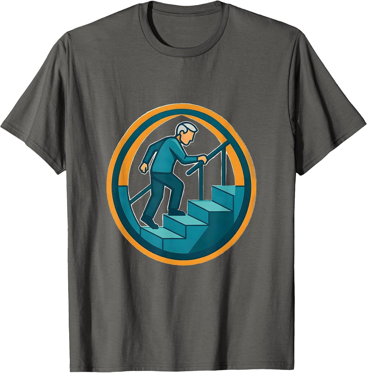 Elderly Balance on Staircase Fall Prevention Graphic T-Shirt - Asphalt Grey
