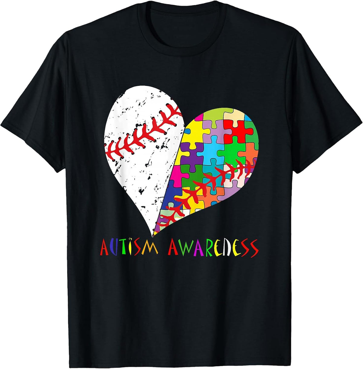 Baseball Heart Autism Awareness T-Shirt - Black