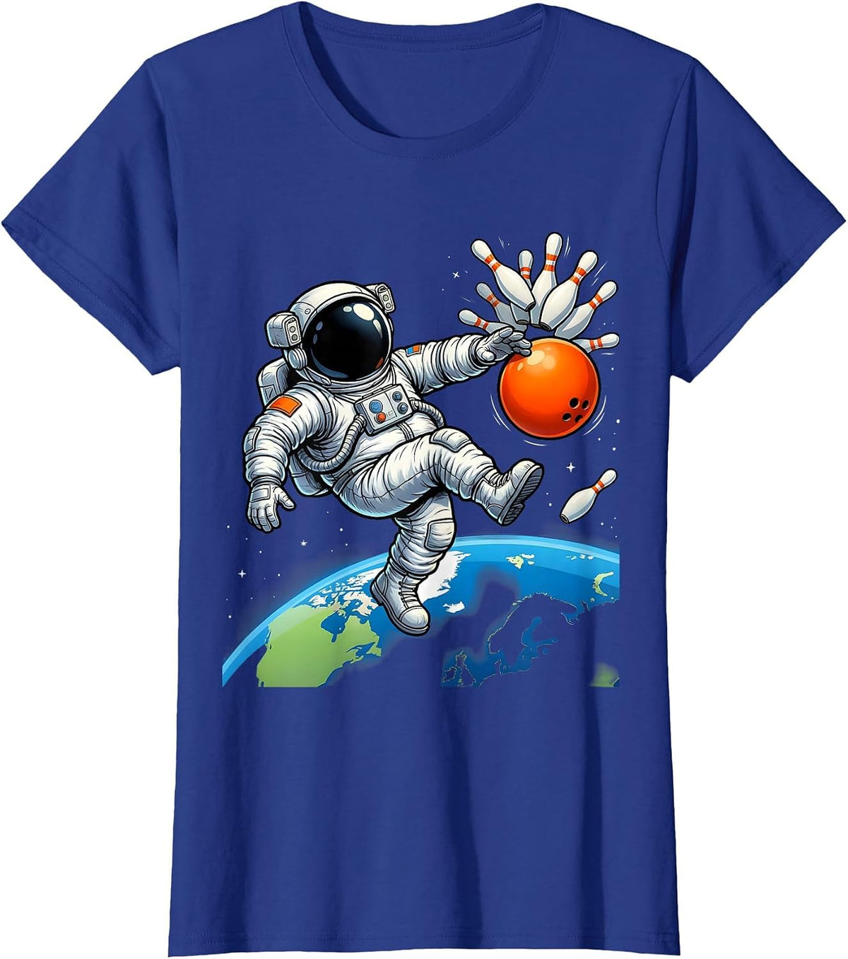 Women's Astronaut Bowling in Zero Gravity Space Design T-Shirt - Royal Blue