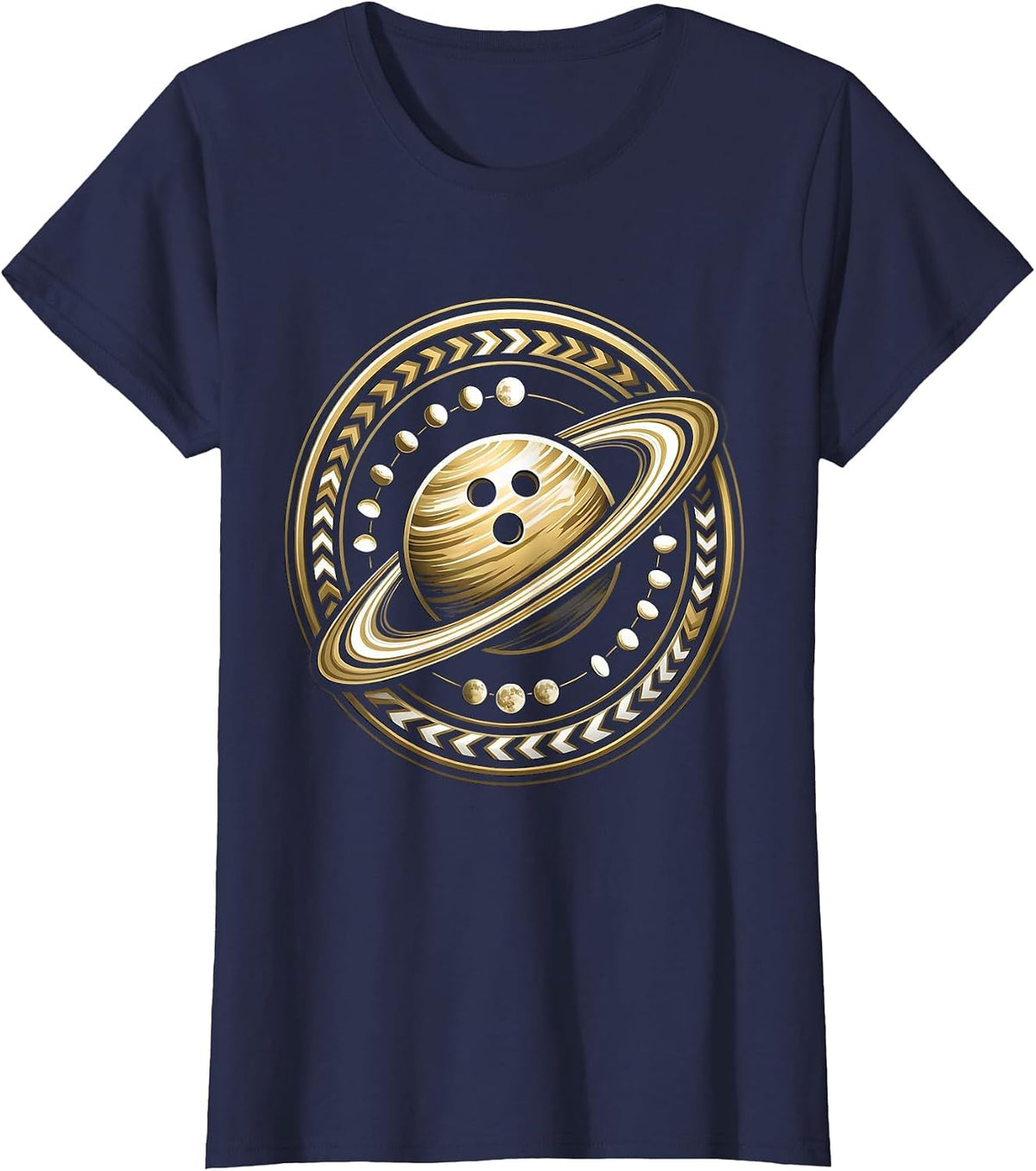 Women's Bowling Ball Tiny Planet Space Orbit Graphic T-Shirt - Navy Blue